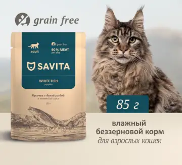 Savita влажный корм для взрослых кошек с белой рыбой и тыквой в соусе (пауч)